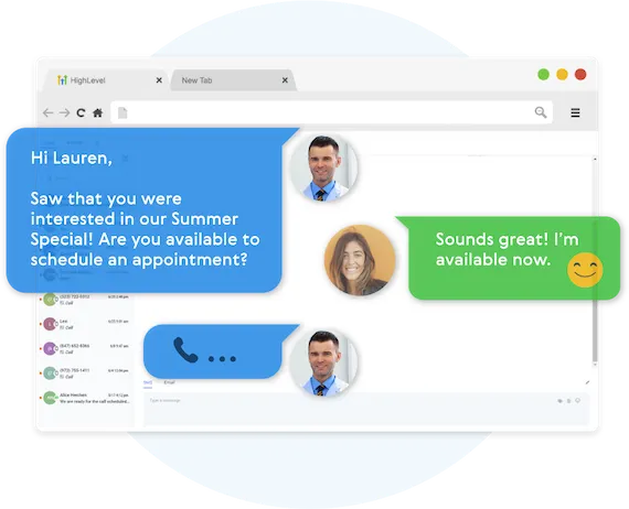 CRM conversation interface — automated follow-up messages moving leads through the pipeline