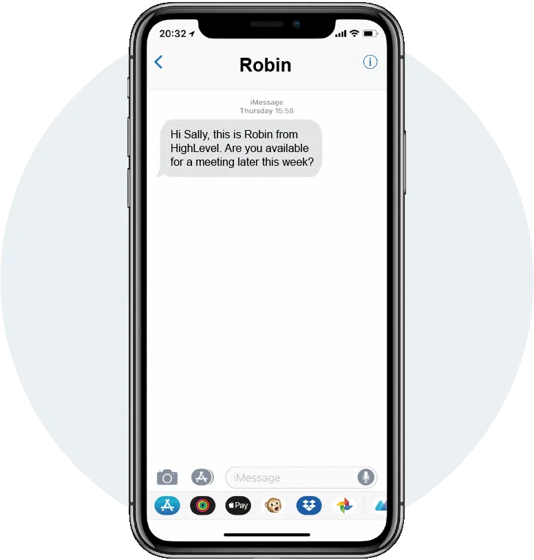 AI-powered SMS outreach — Robin from HighLevel messaging a prospect automatically via iMessage